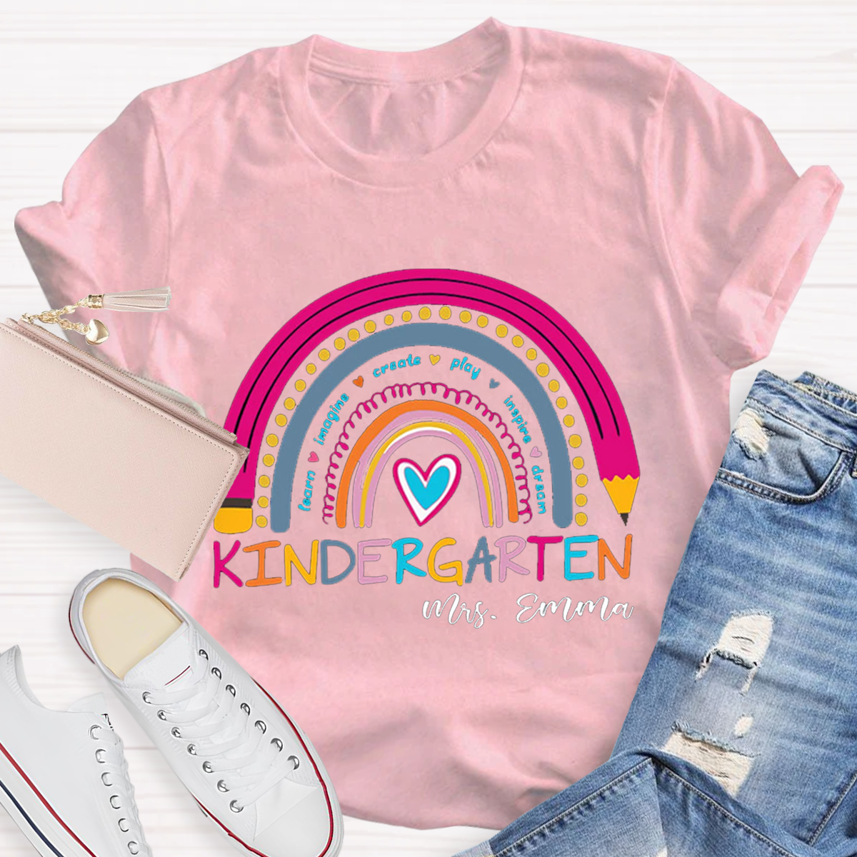 Personalized Name And Grade Rainbow Teacher T-Shirt