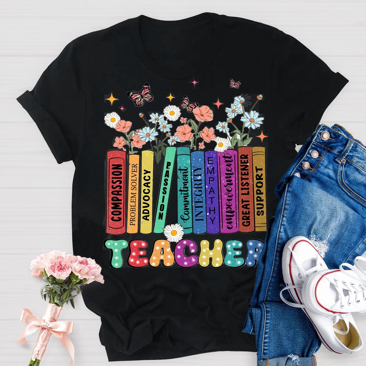 Teacher Book With Flowers Teachers T-Shirt