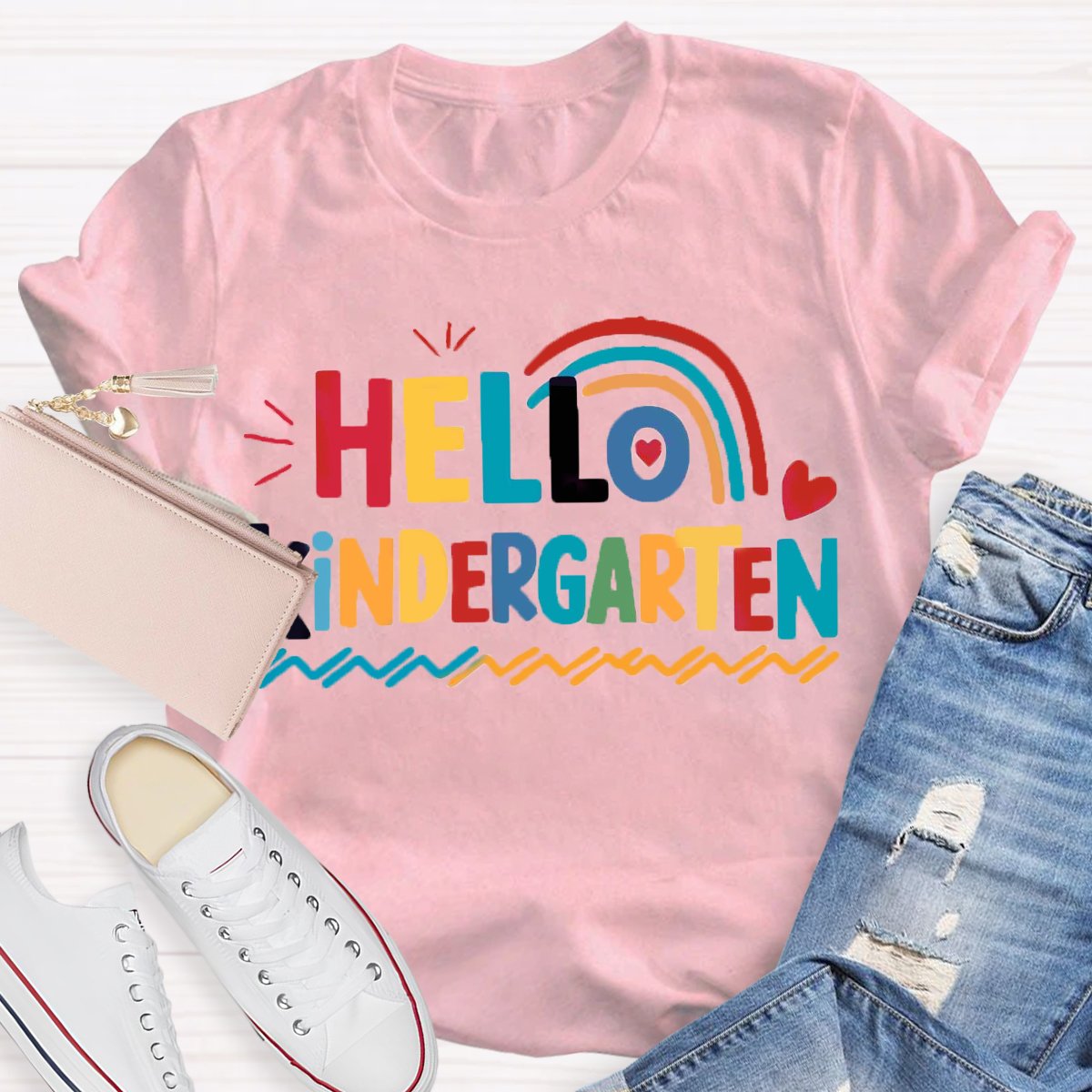 Personalized Grade Hello Kindergarten Rainbow First Day Of School T-Shirt