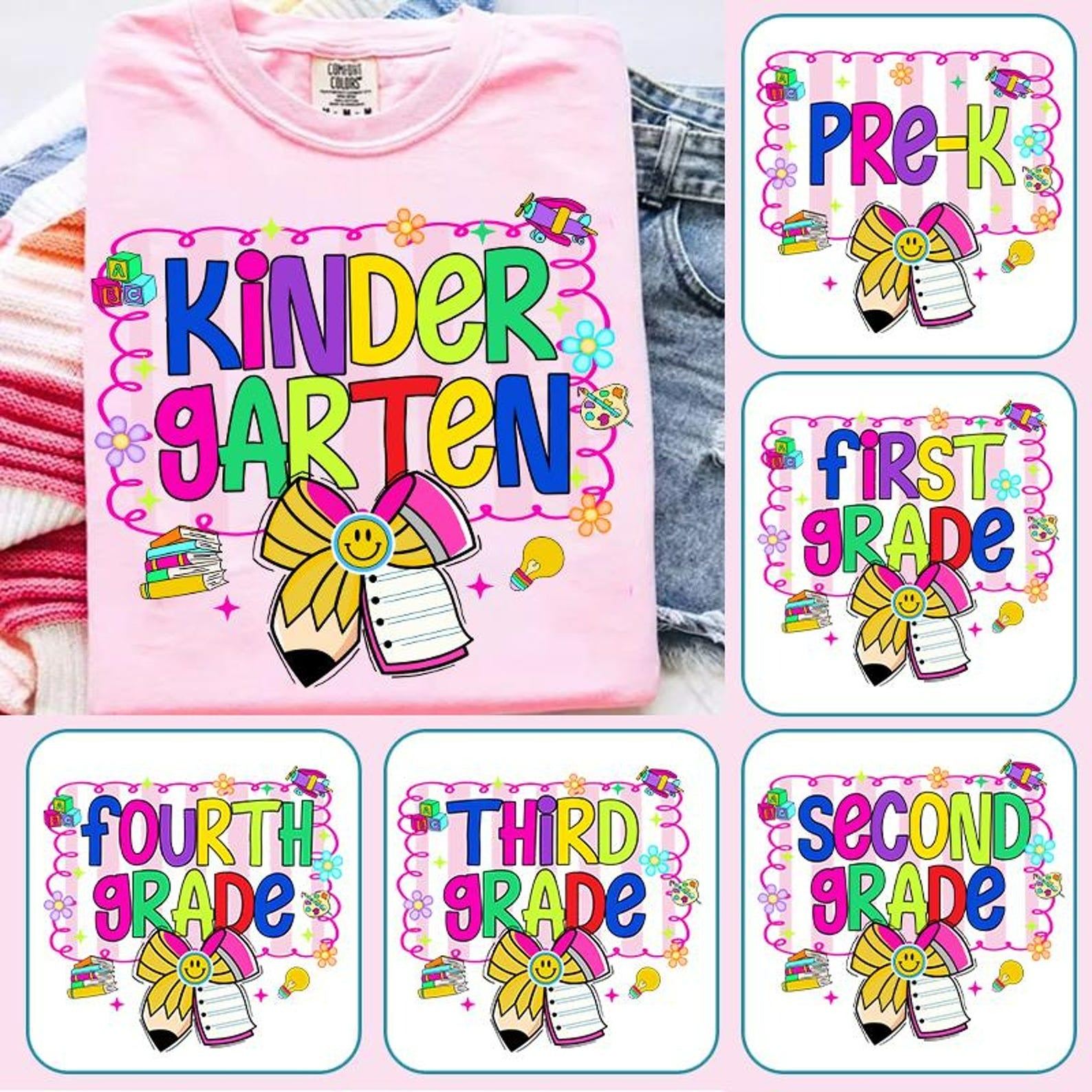 Personalized Grade Colorful Letter Bow T-shirt