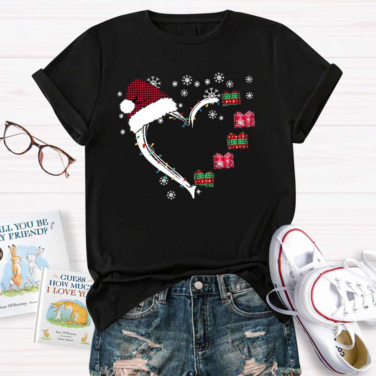 Christmas Books Heart Teacher T-Shirt