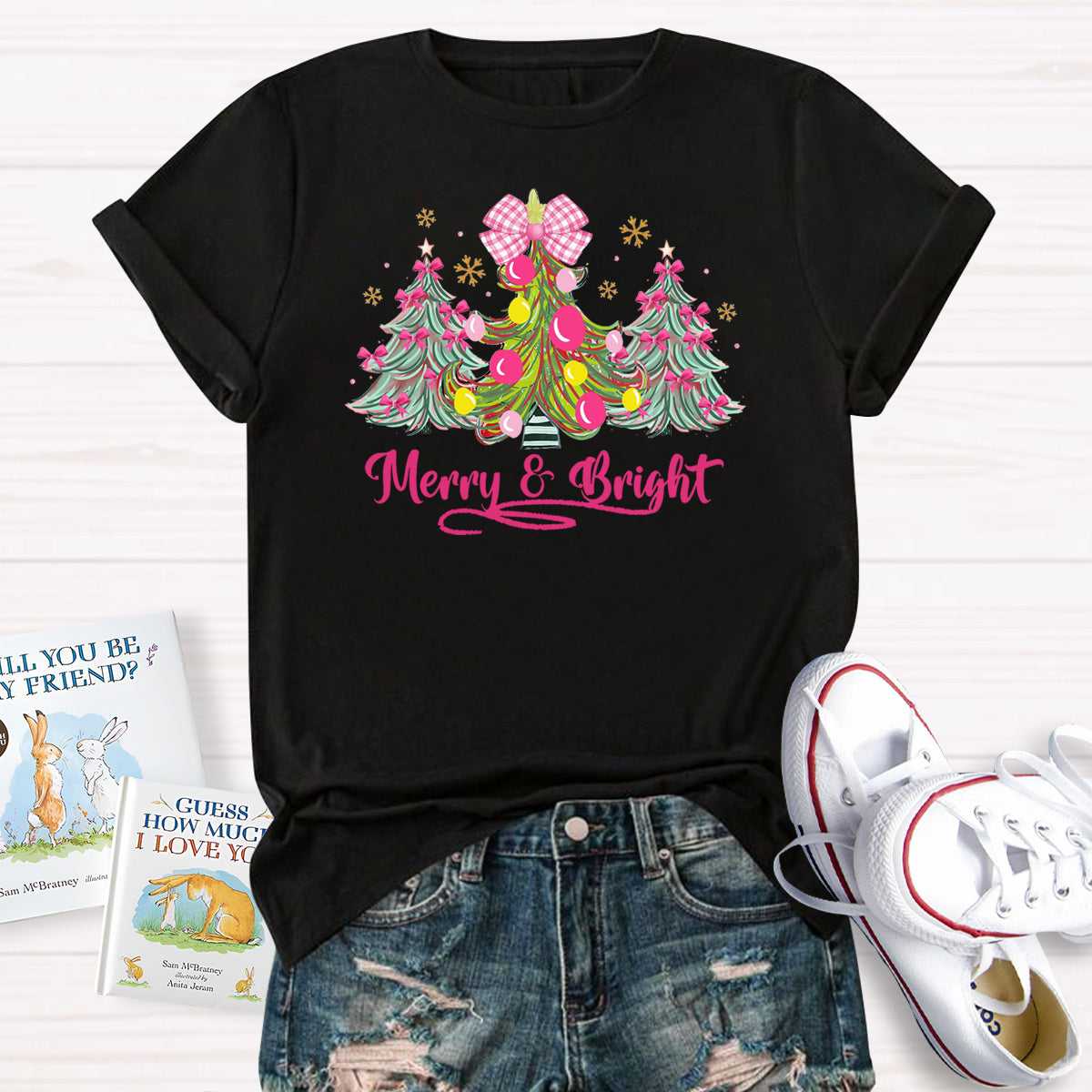 Bow Christmas Tree Merry And Bright Christmas Teacher T-Shirt