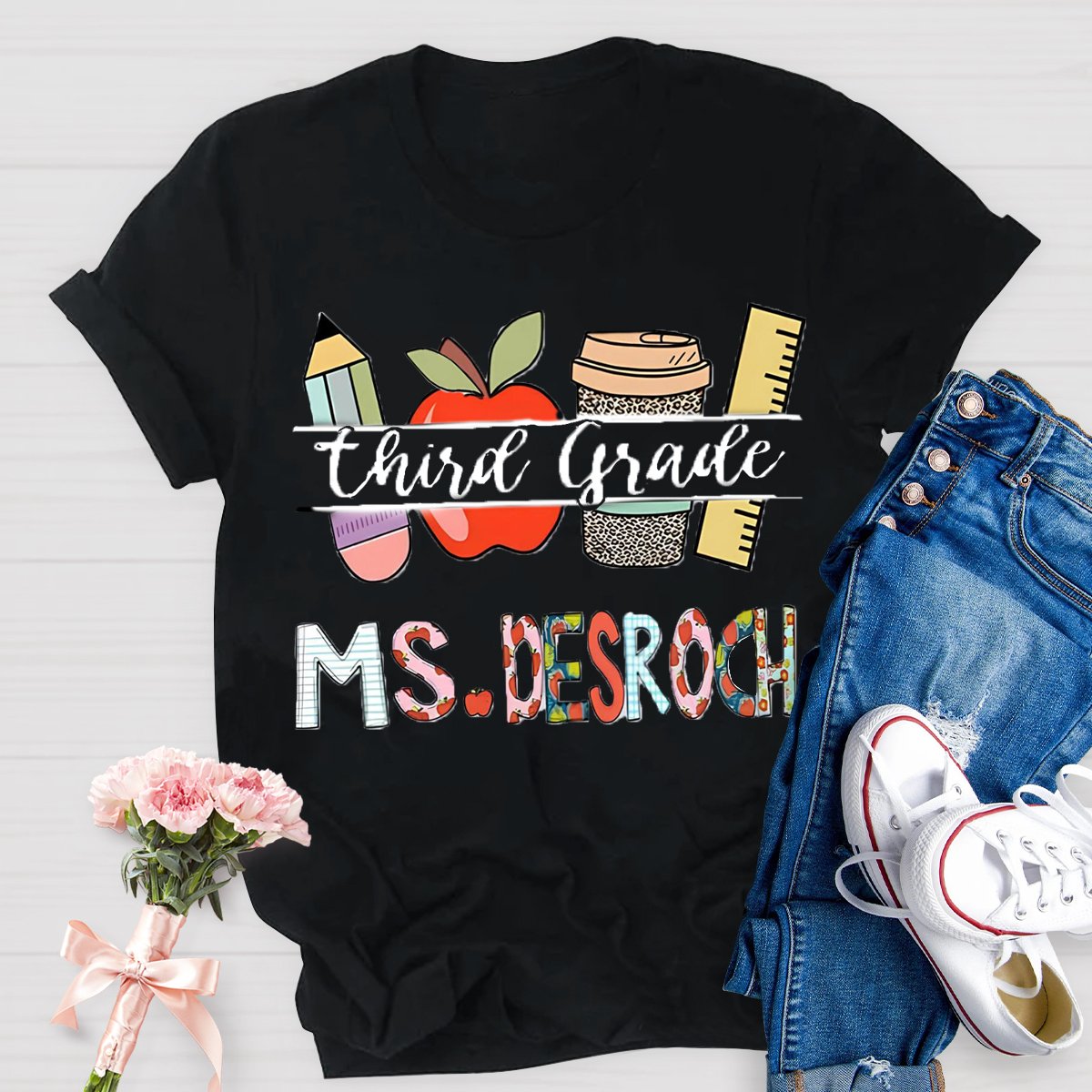 Personalized Grade And Name  Flower Letter Teacher T-Shirt