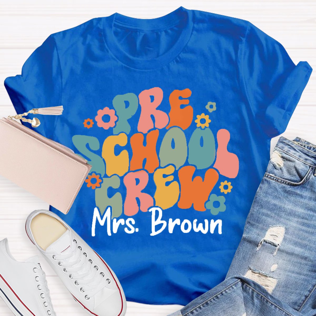 Personalized Name Preschool Teacher Crew T-Shirt