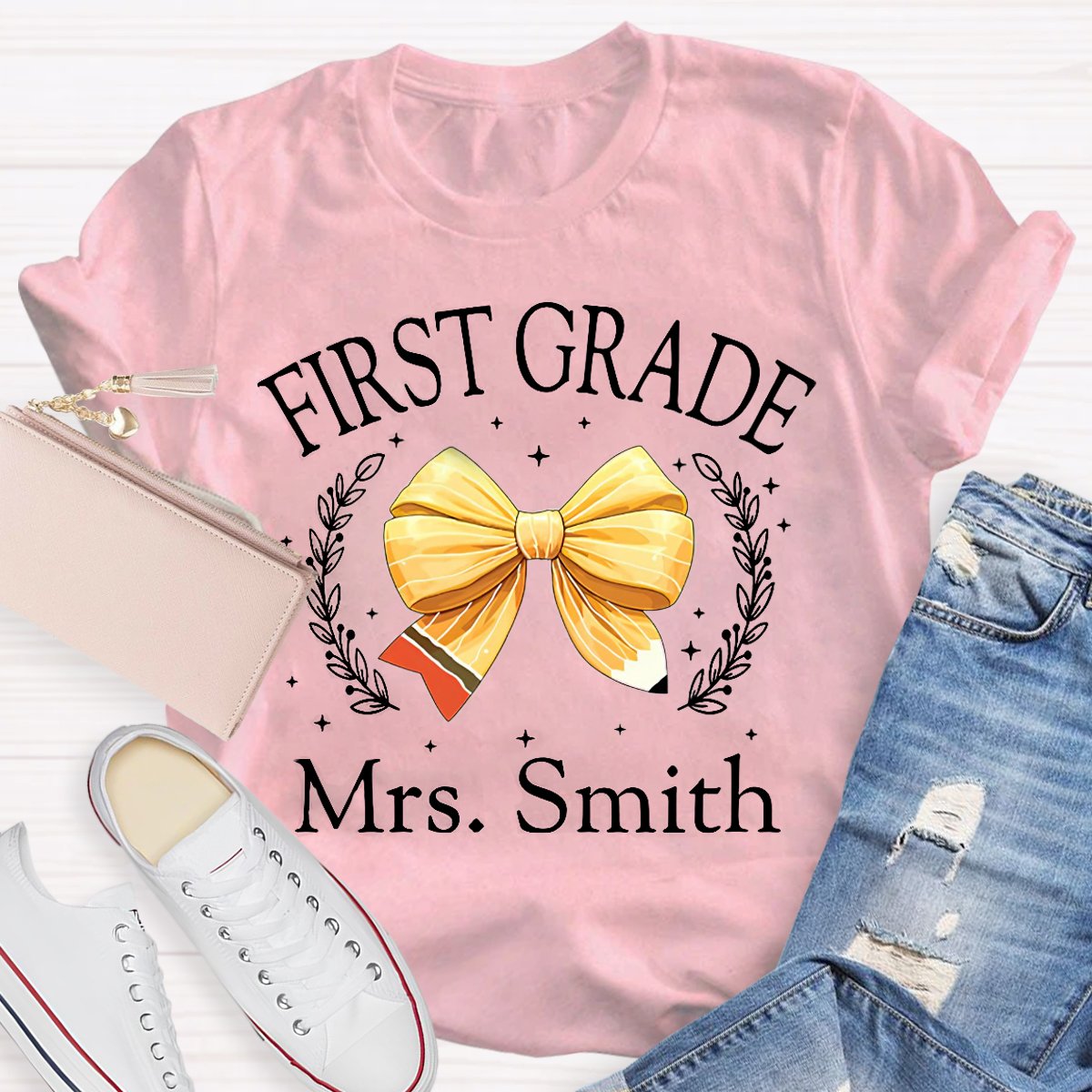 Personalized Grade And Name Yellow Bow T-Shirt