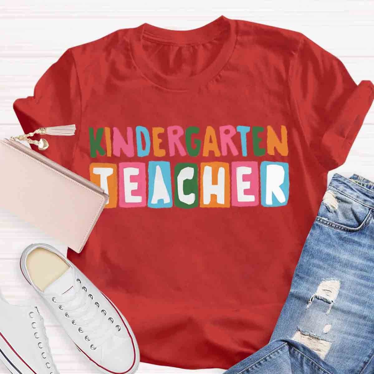 Personalized Grade Color Block Kindergarten Teacher Shirt