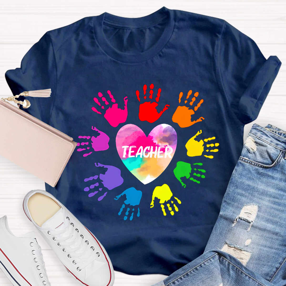 Personalized Colorful Hands Teacher T-Shirt