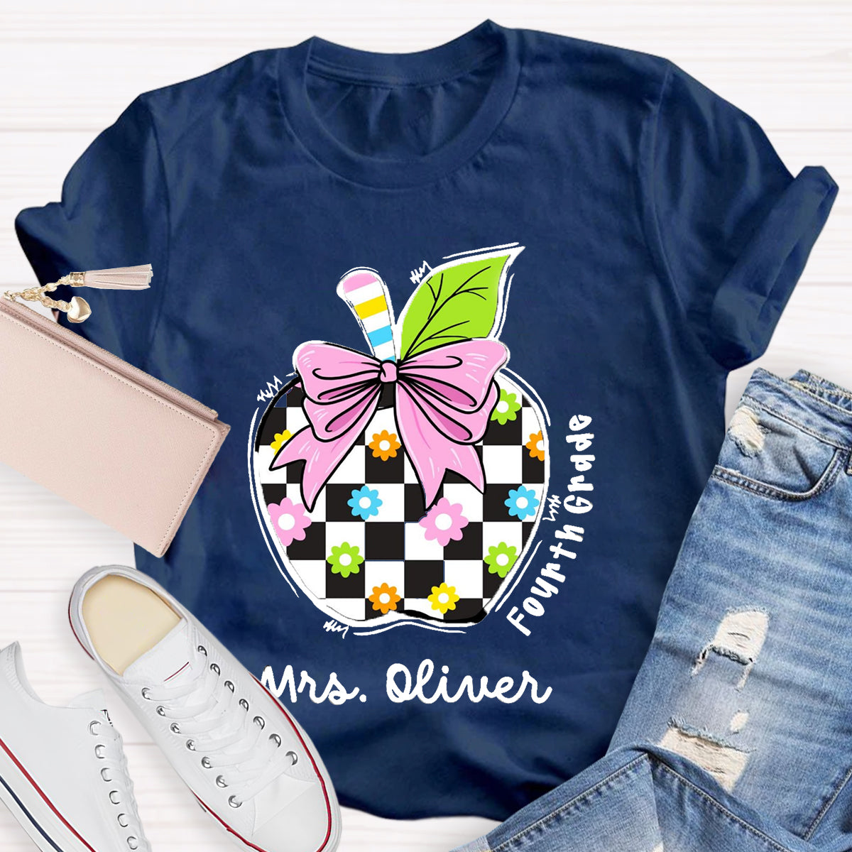 Personalized Grade And Name Colourful Check Print Apple T-Shirt