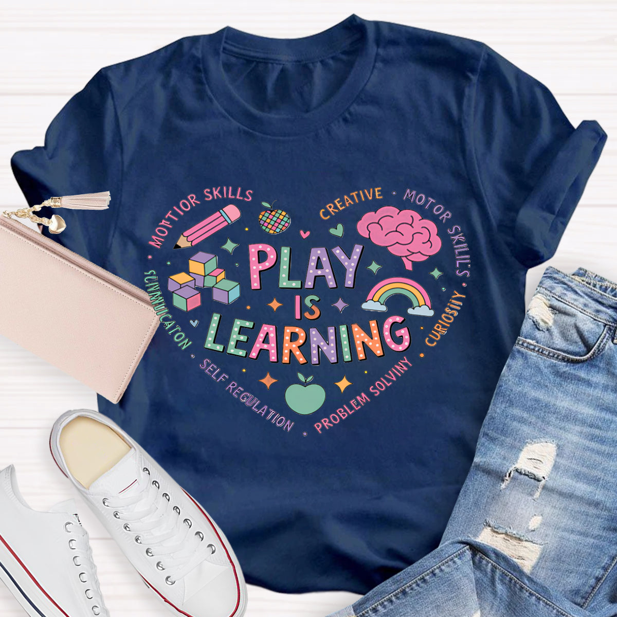 Play Is Learning Colorful Heart Font T-shirt