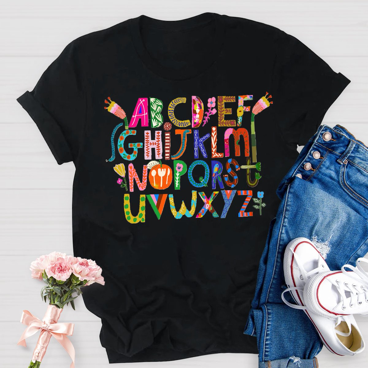 Artistic Design Cute Alphabet Print Teacher T-Shirt