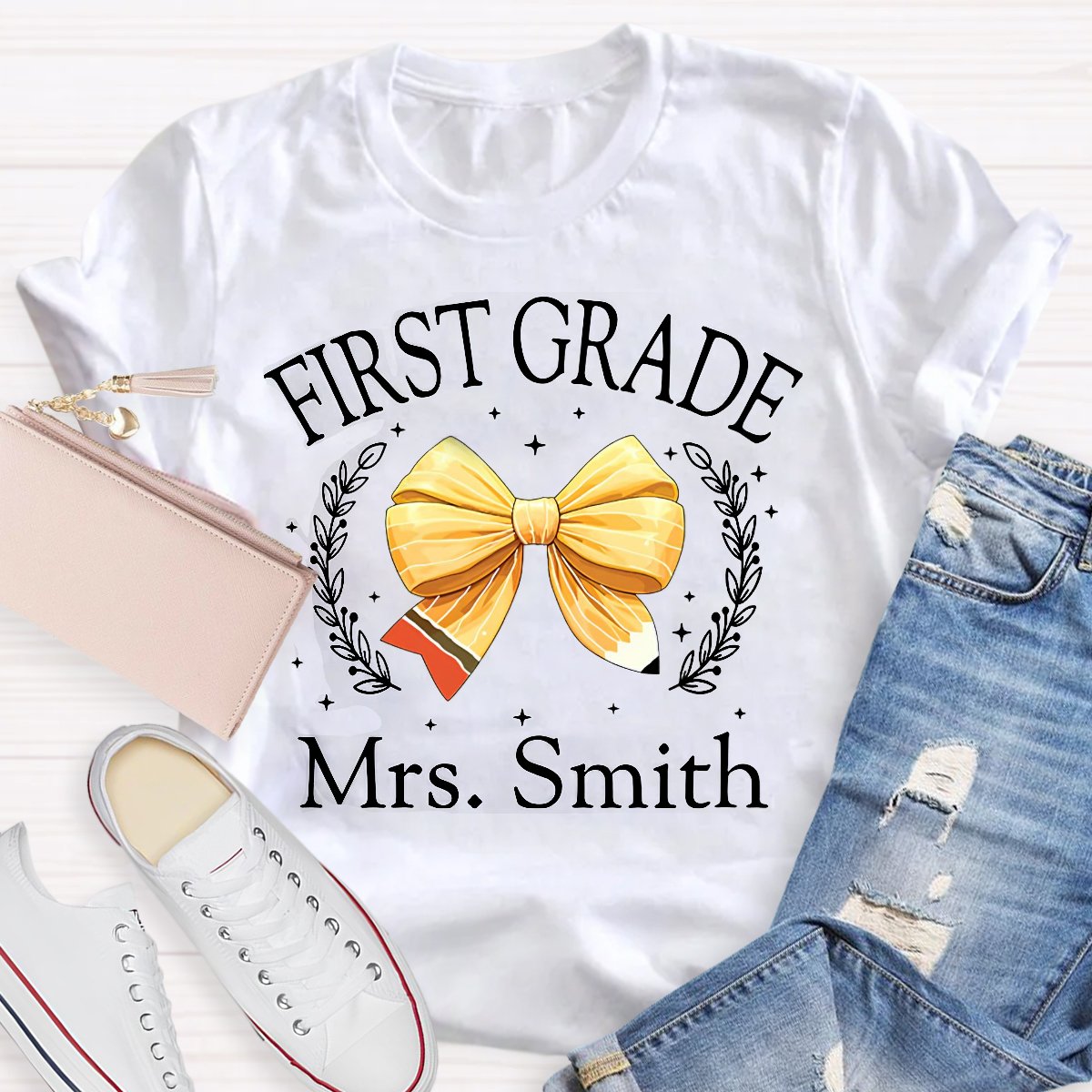 Personalized Grade And Name Yellow Bow T-Shirt