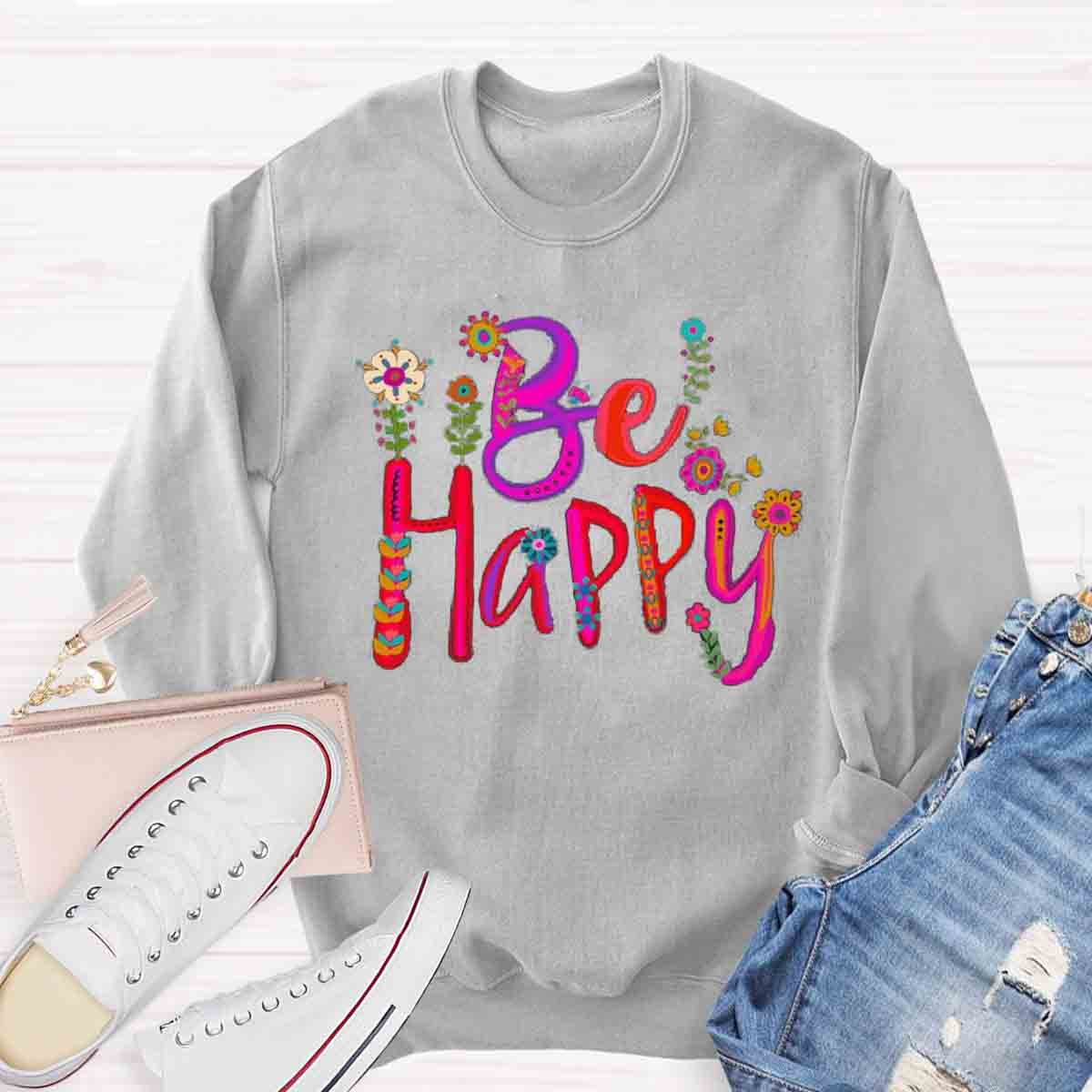 Be Happy Art Floral Sweatshirt