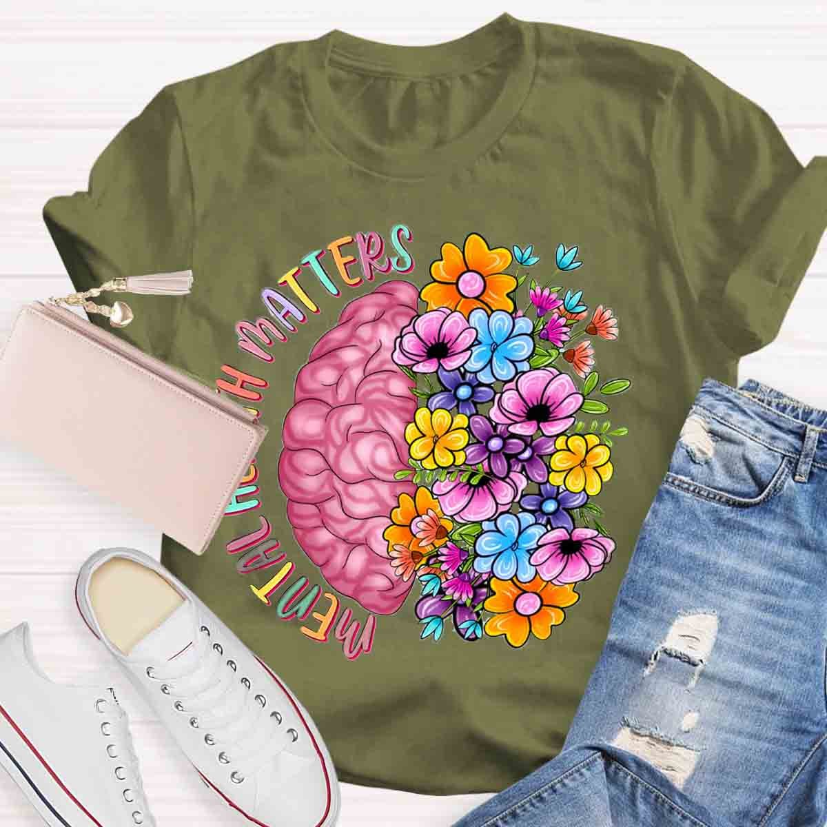 Mental Health Matters Half Brain Half Floral Skull T-Shirt