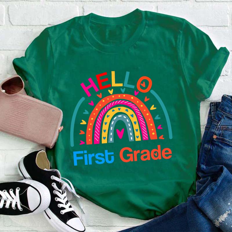 Personalized Grade Hello Rainbow Teacher T-Shirt