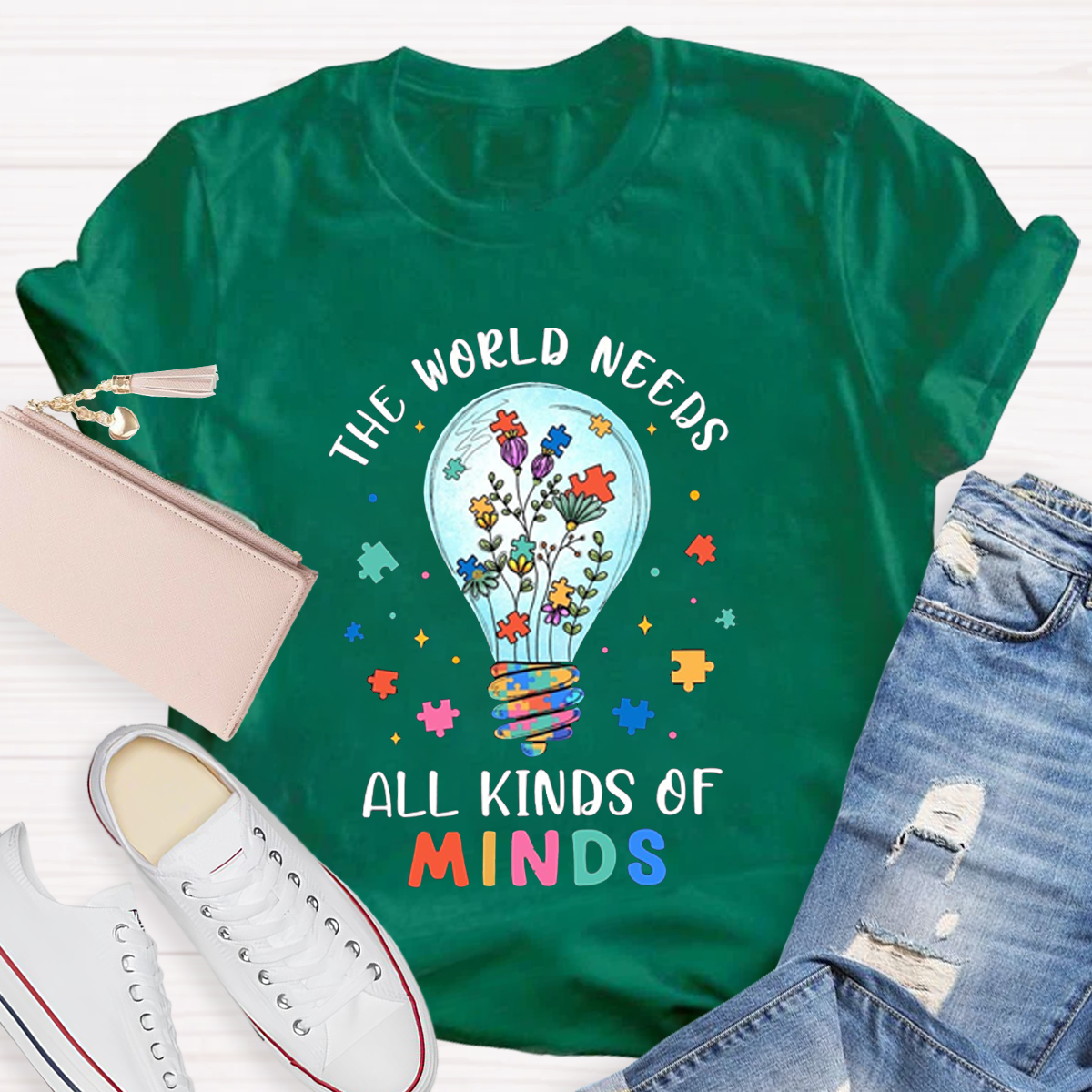 Colorful Puzzle The World Needs All Kinds Of Minds Teacher T-Shirt