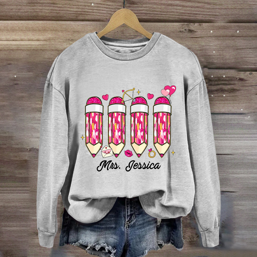 Personalized Name Pink Pencil Teacher Sweatshirt