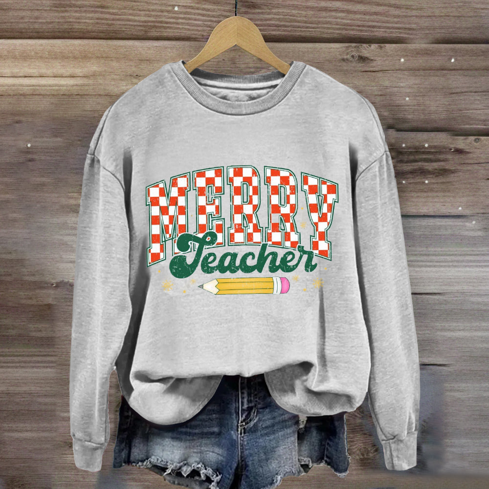 Merry Teacher Plaid Pencil Sweatshirt