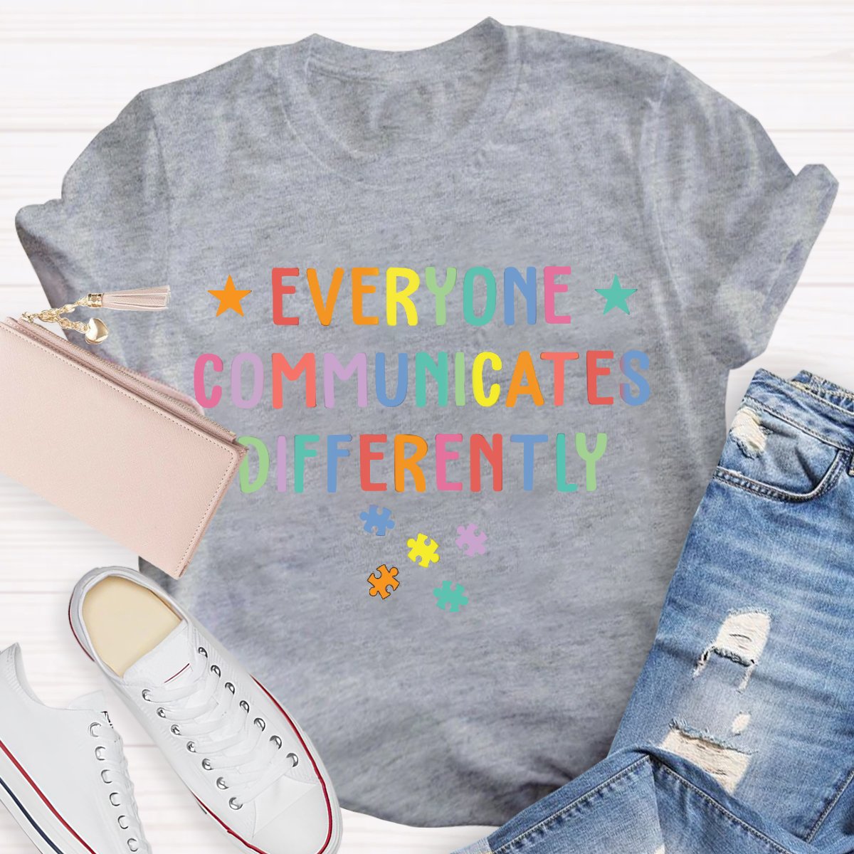 Everyone Communicates Differently Colored Puzzle Special Education Teacher T-Shirt