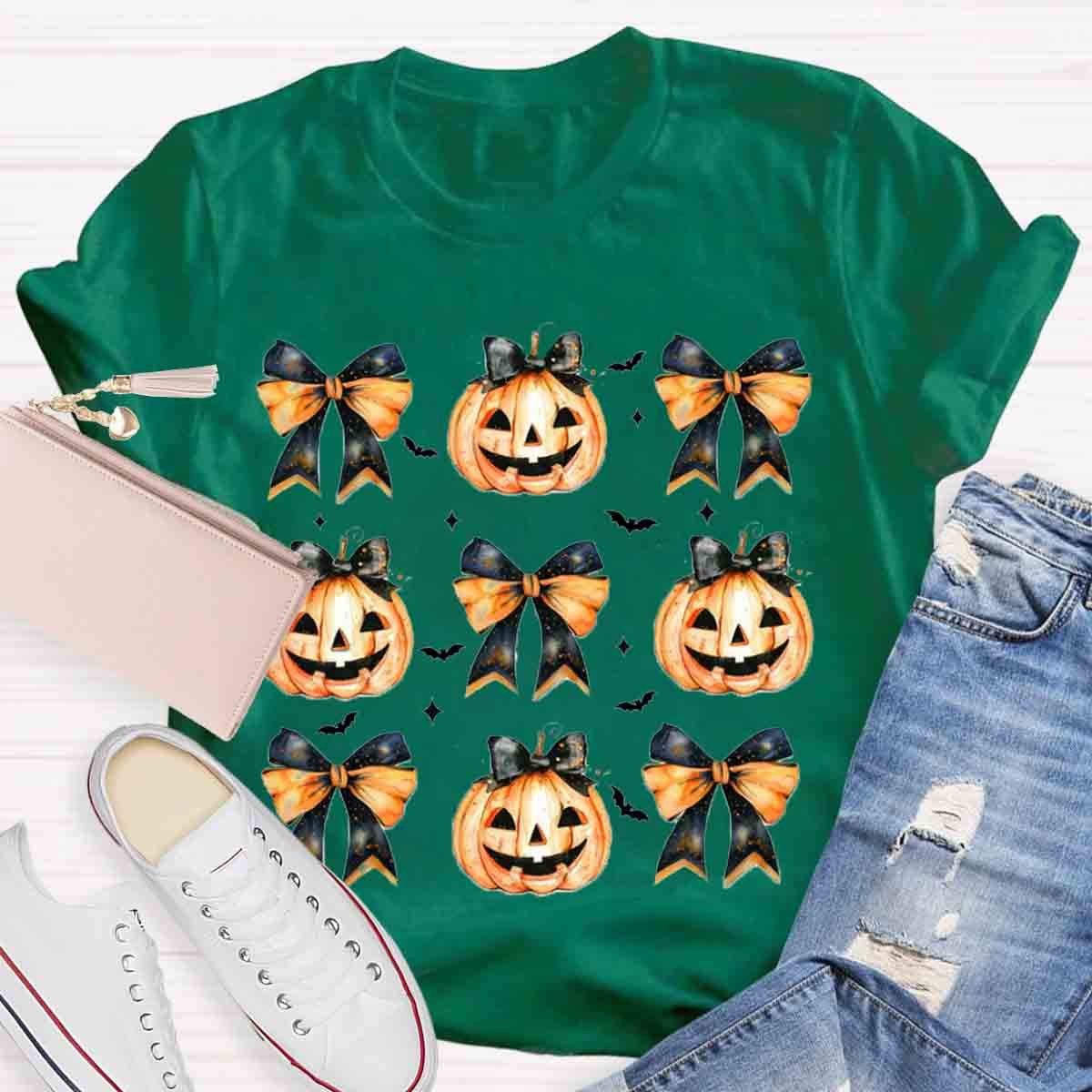 Fall Vibes Pumpkin Bowknot Spooky Teacher T-Shirt