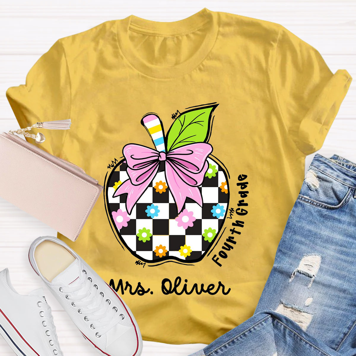 Personalized Grade And Name Colourful Check Print Apple T-Shirt