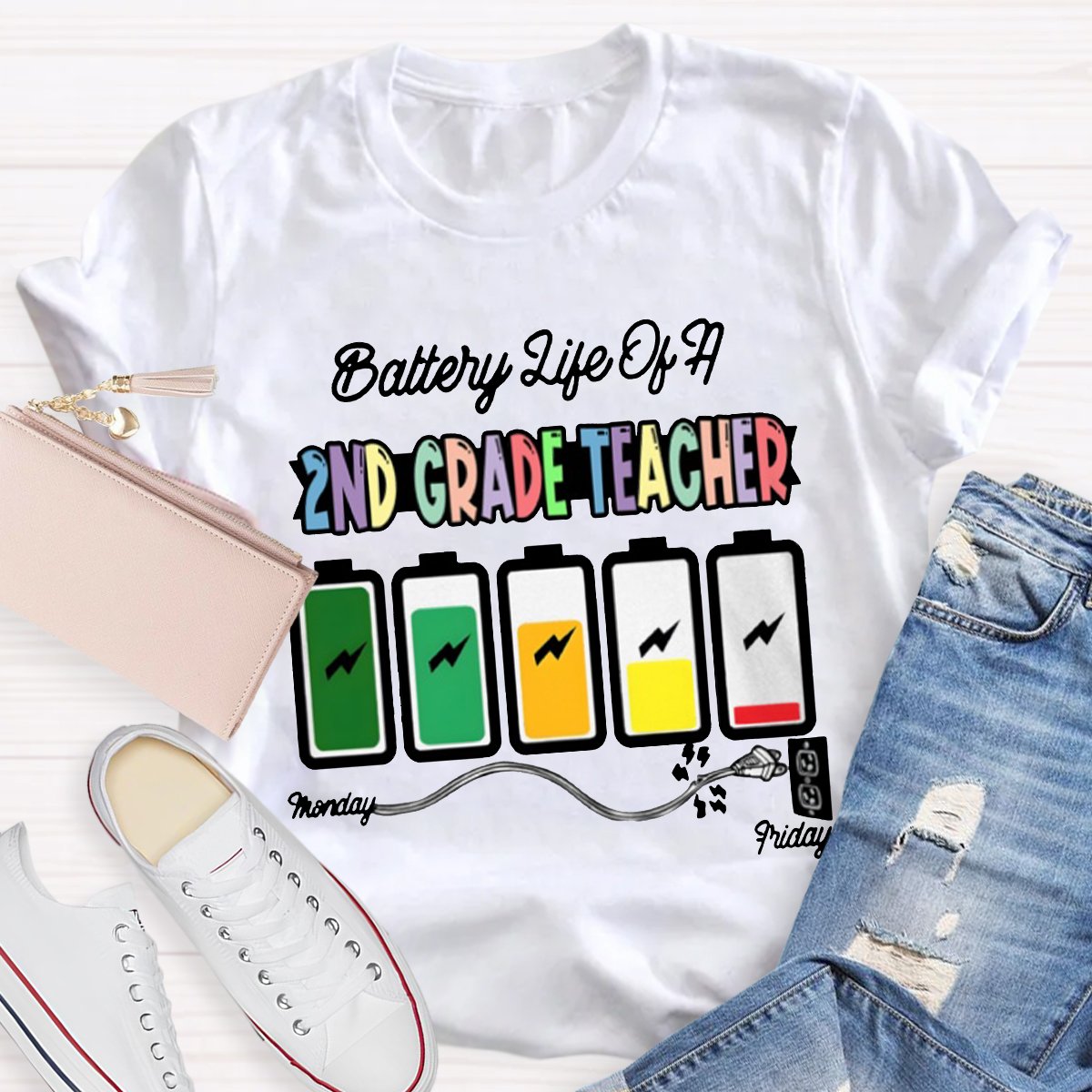 Personalized Battery Life Of A 2nd Grade Teacher Shirt