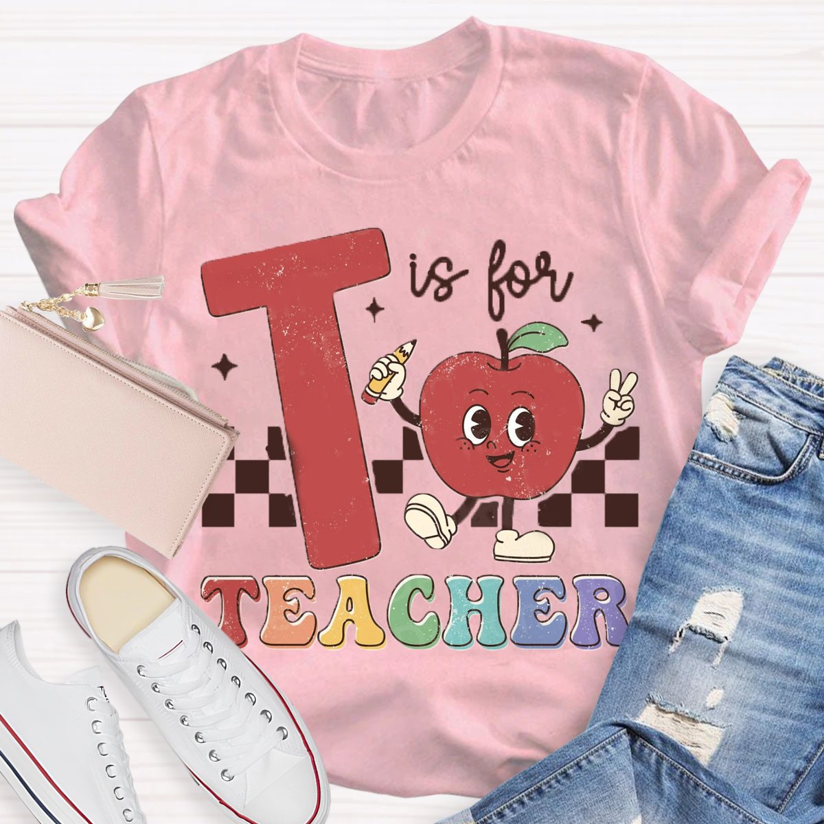 T is for teacher Apple Pencil Printed Back to school T-shirt