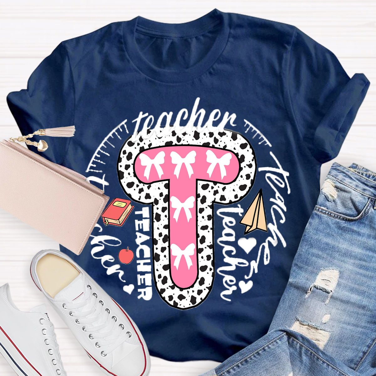 Teacher Typography Bow Print T-Shirt