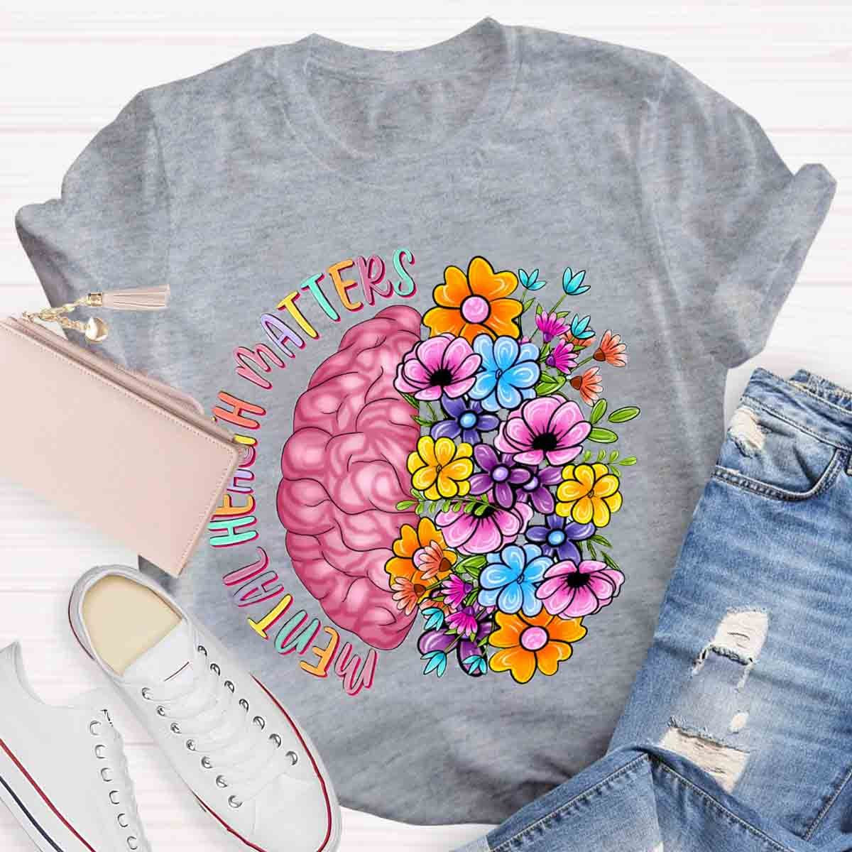 Mental Health Matters Half Brain Half Floral Skull T-Shirt