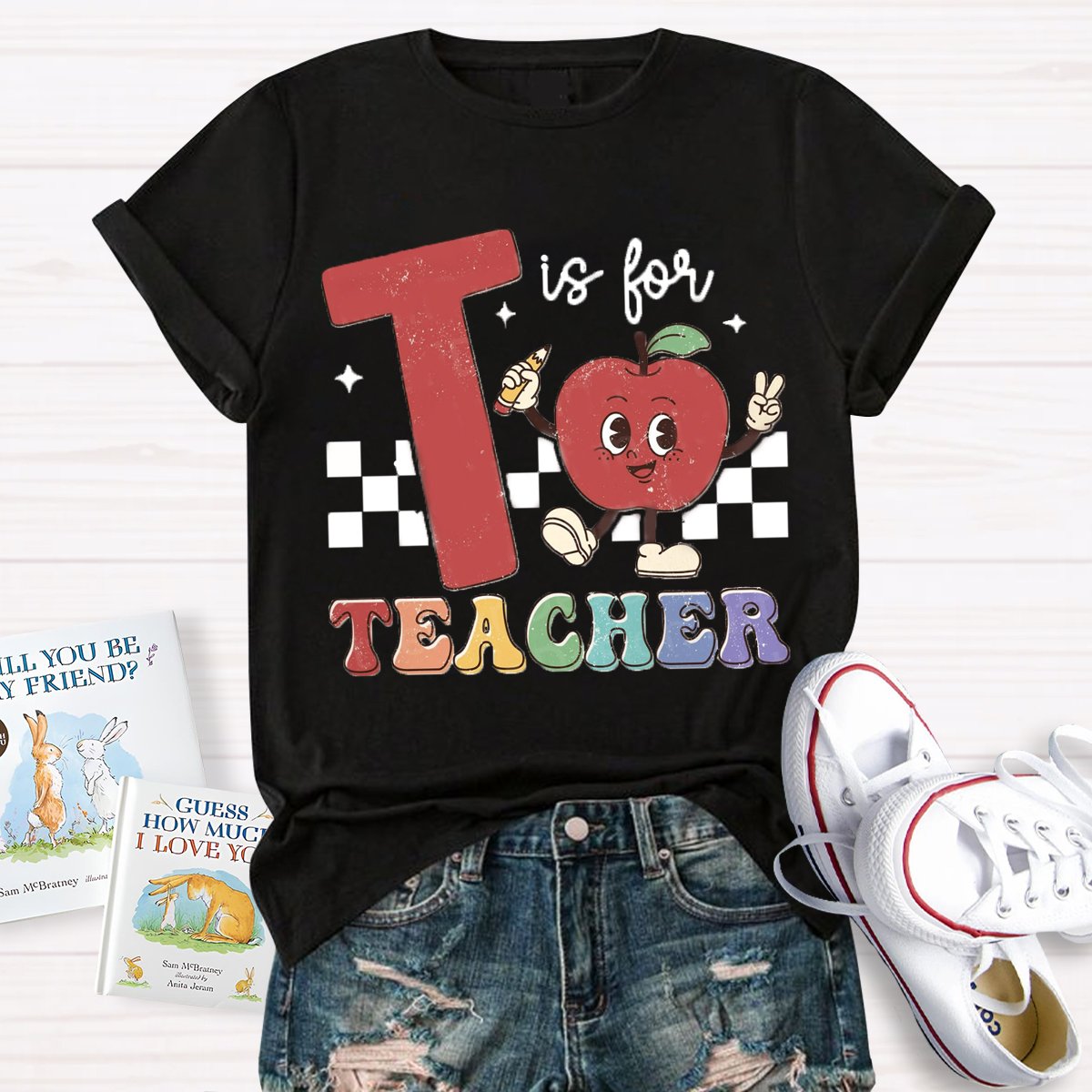 T is for teacher Apple Pencil Printed Back to school T-shirt