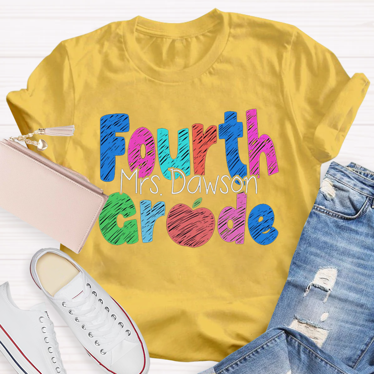 Personalize Grade Rainbow Apple Cute 4th Grade Teacher T-Shirt