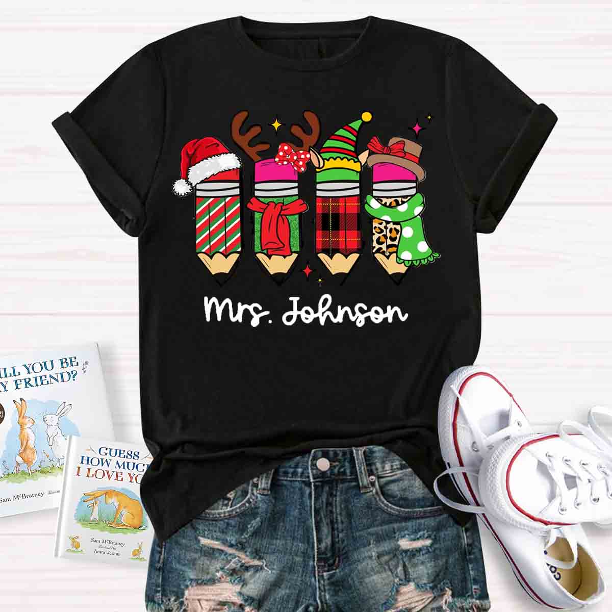 Personalized Name Christmas Pencil Design T-shirt