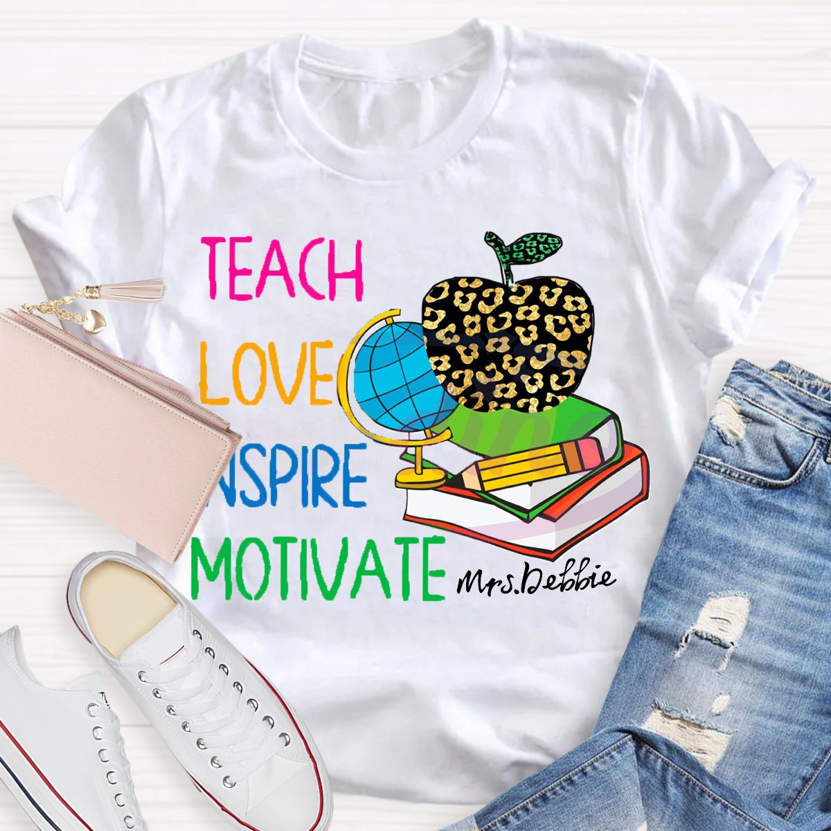 Personalized Name  Teach Love Inspire Motivate Globe T-shirt