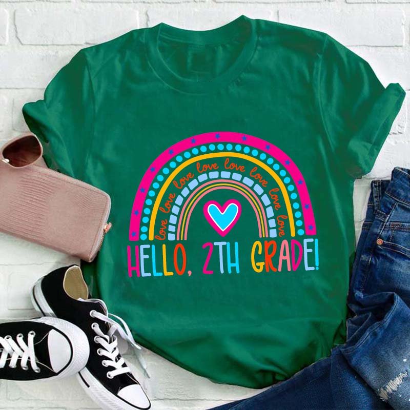 Personalized Grade Pink Rainbow Hello Love Teacher T-Shirt