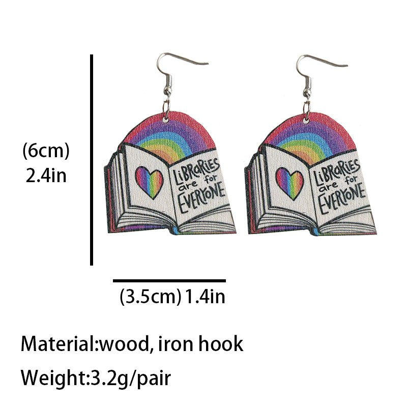 Book Reading Rainbow Heart Wooden Earrings