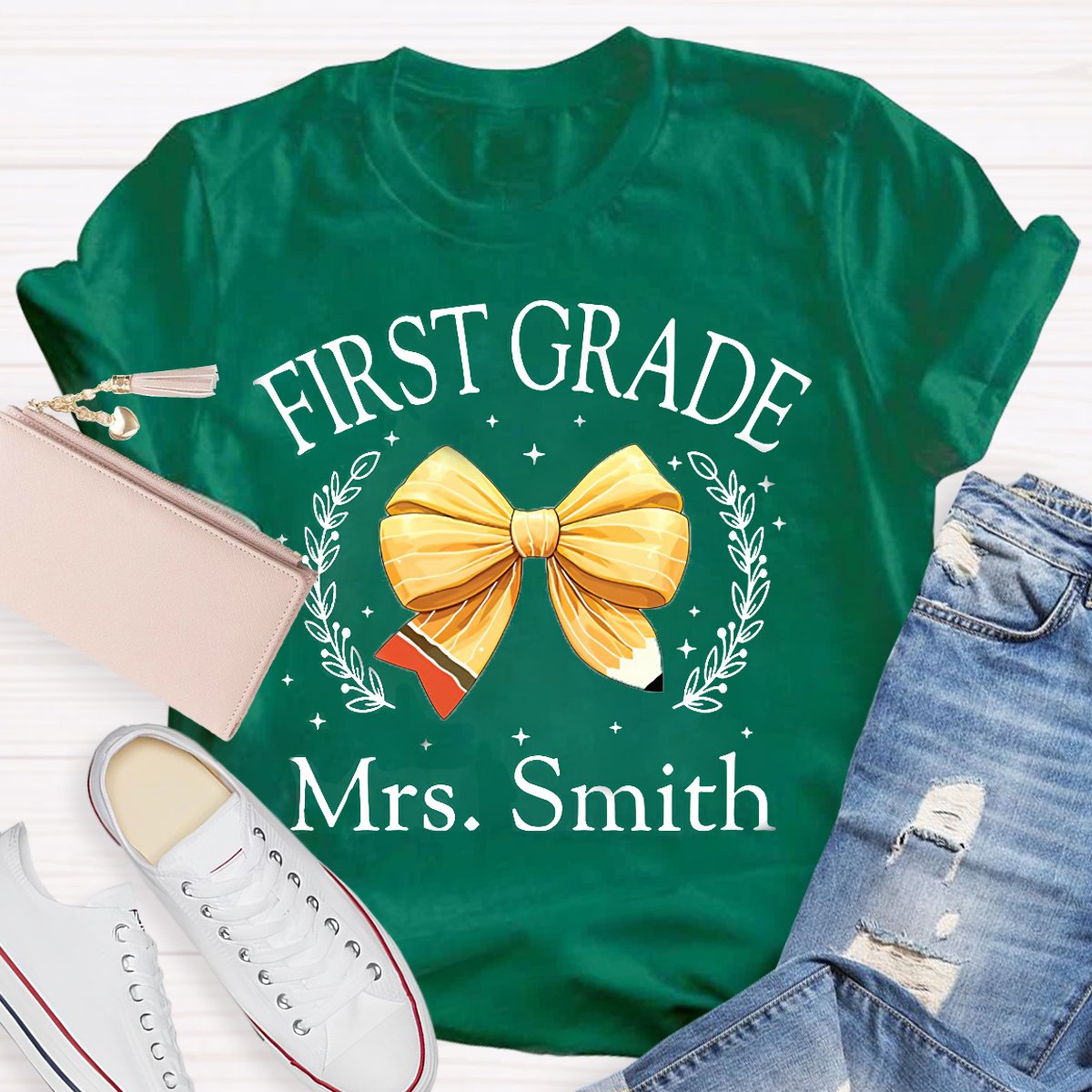 Personalized Grade And Name Yellow Bow T-Shirt