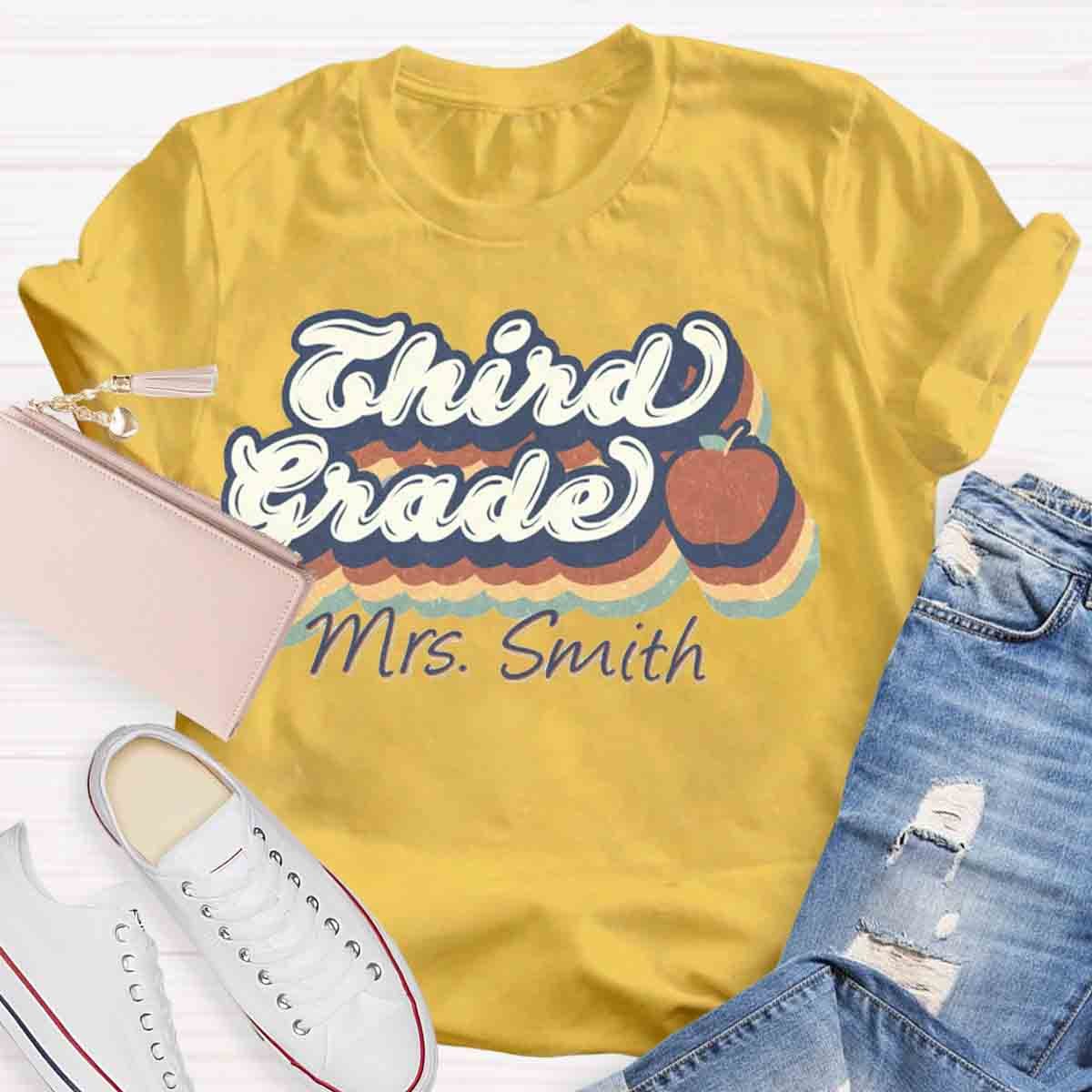 Personalized Grade And Name Retro 3rd Grade Teacher Shirt