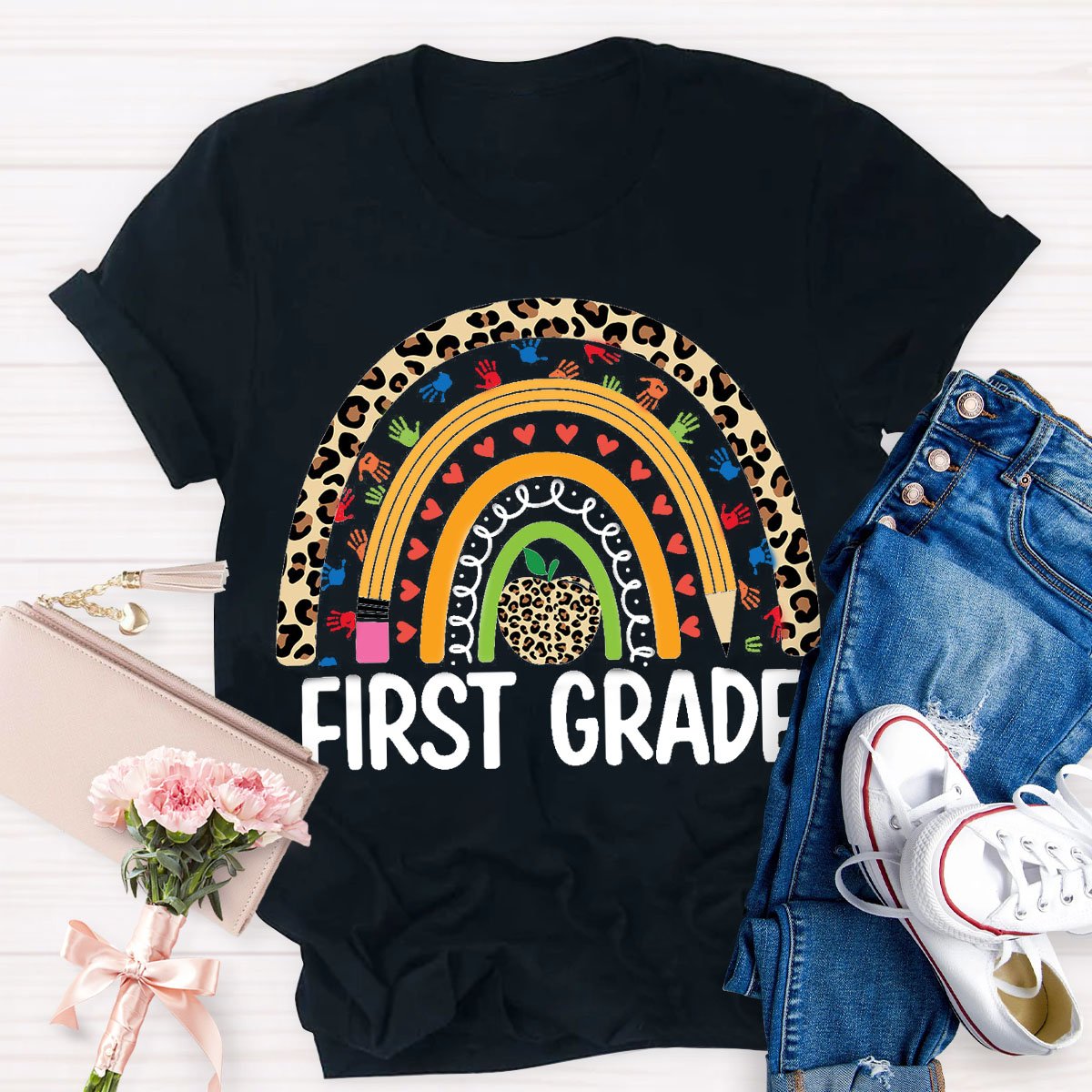 Personalized Design Teachers Grade Leopard Rainbow T-Shirt