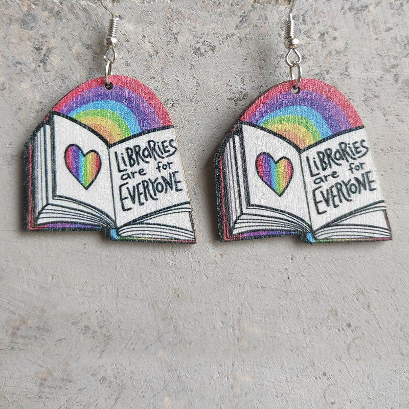 Book Reading Rainbow Heart Wooden Earrings