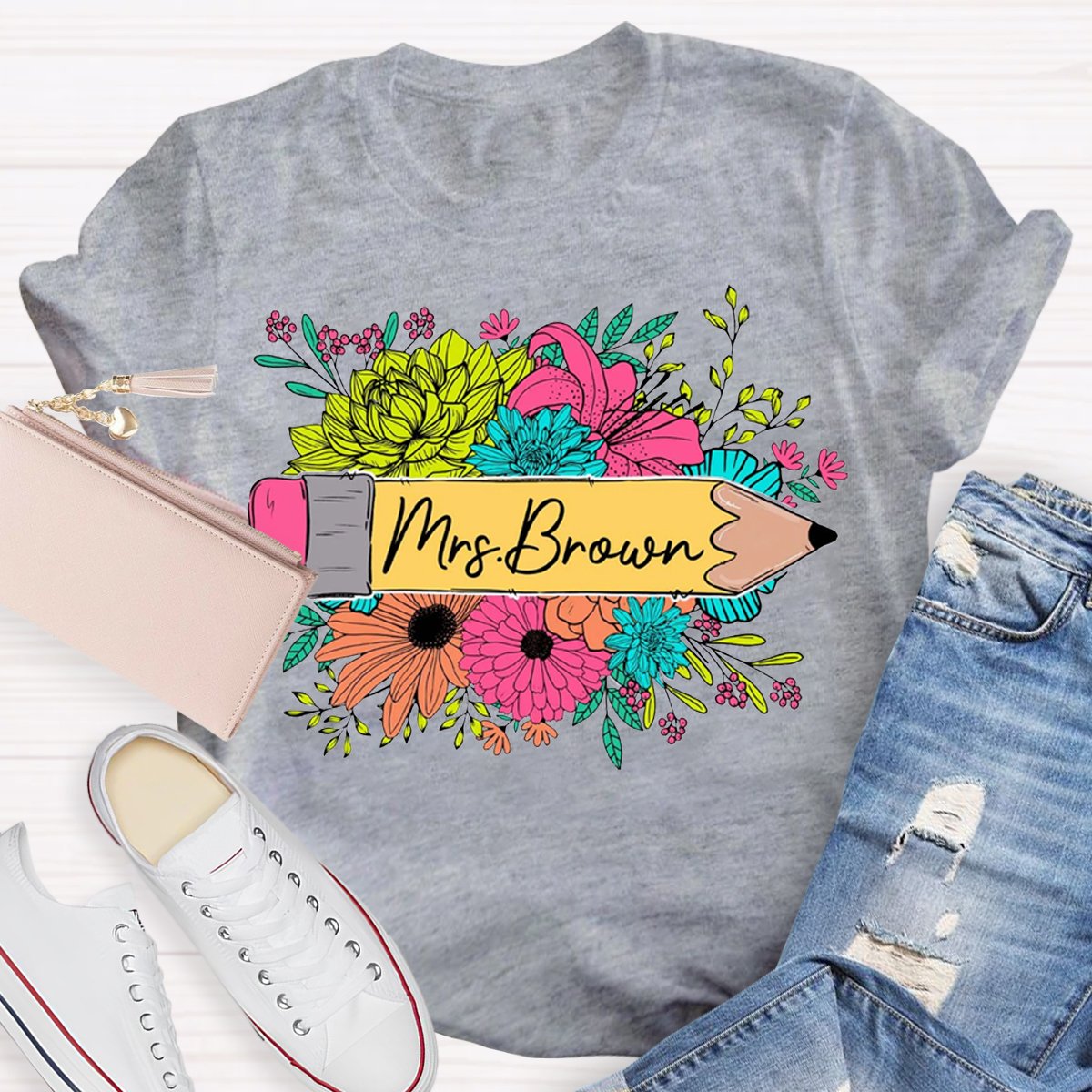 Personalized Name Floral Teacher Shirt