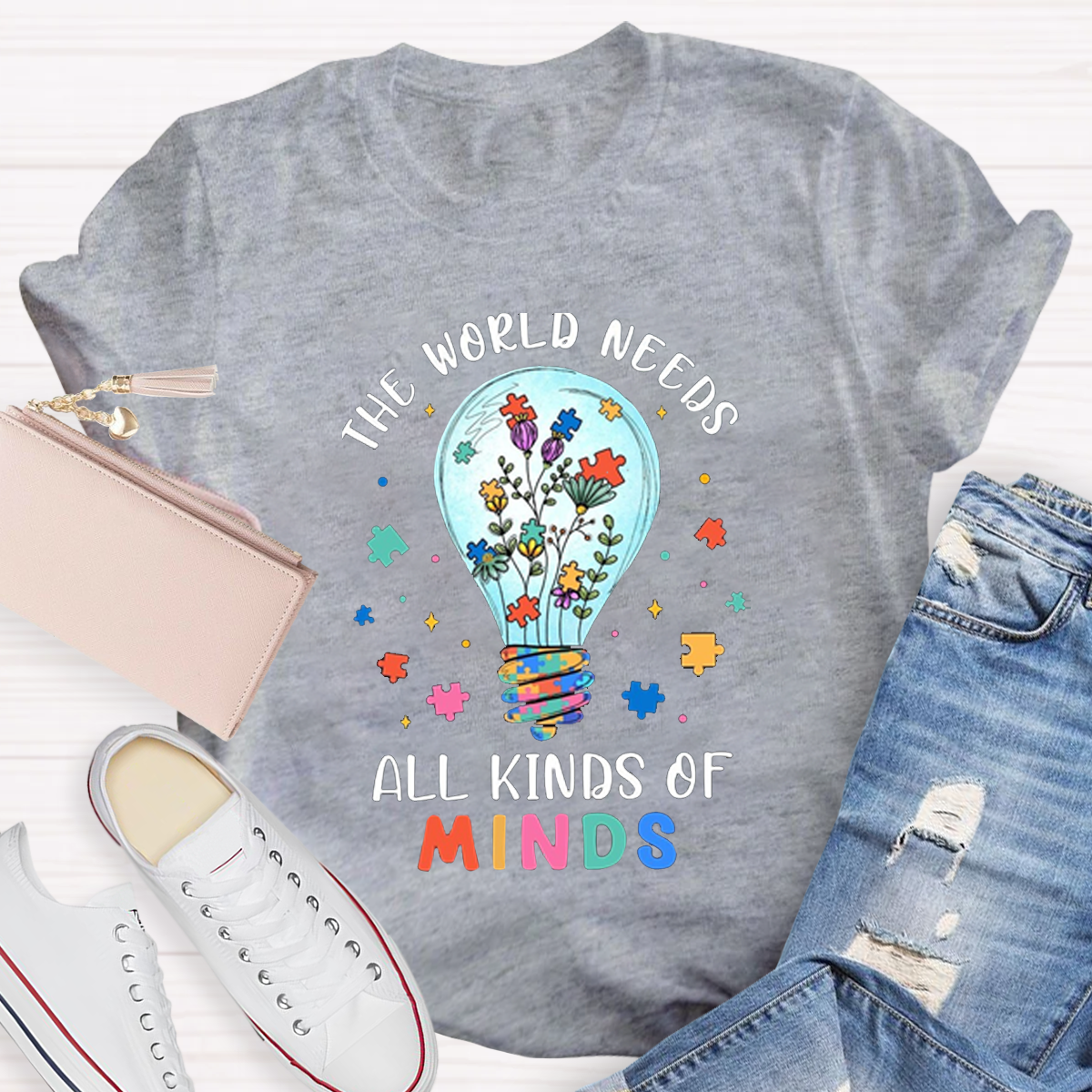 Colorful Puzzle The World Needs All Kinds Of Minds Teacher T-Shirt