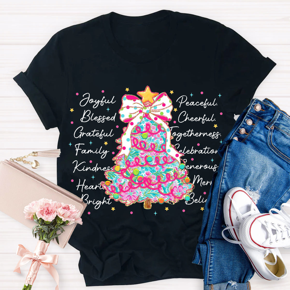 Christmas Tree Joyful Peaceful Cheerful T-Shirt