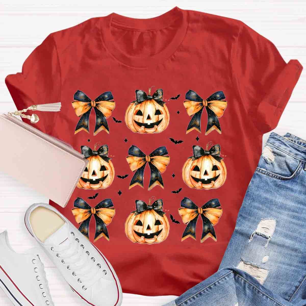 Fall Vibes Pumpkin Bowknot Spooky Teacher T-Shirt