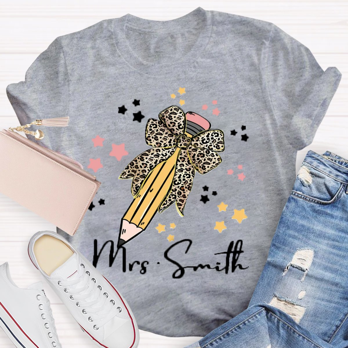 Personalized Name Leopard Bow Teacher Shirt