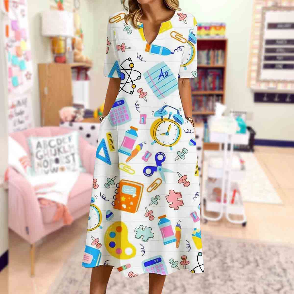 Simple Teacher Supplies Printed Dress