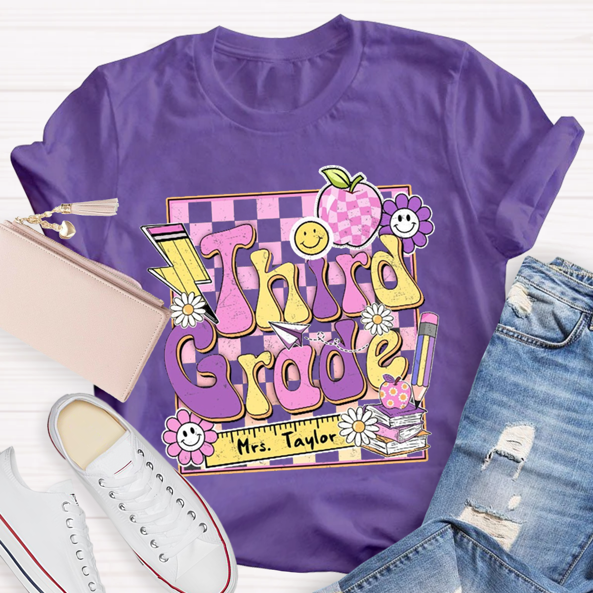 Personalized Grade And Name Back To School Ruler Printed T-Shirt