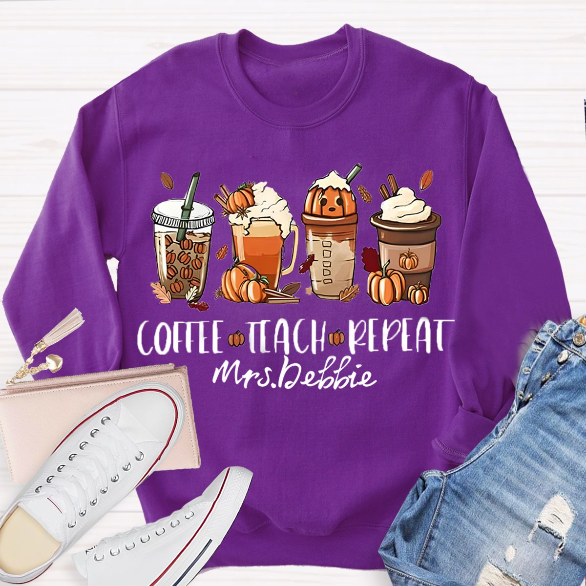 Personalized Name Halloween Coffee Teach Repeat Teacher Sweatshirt