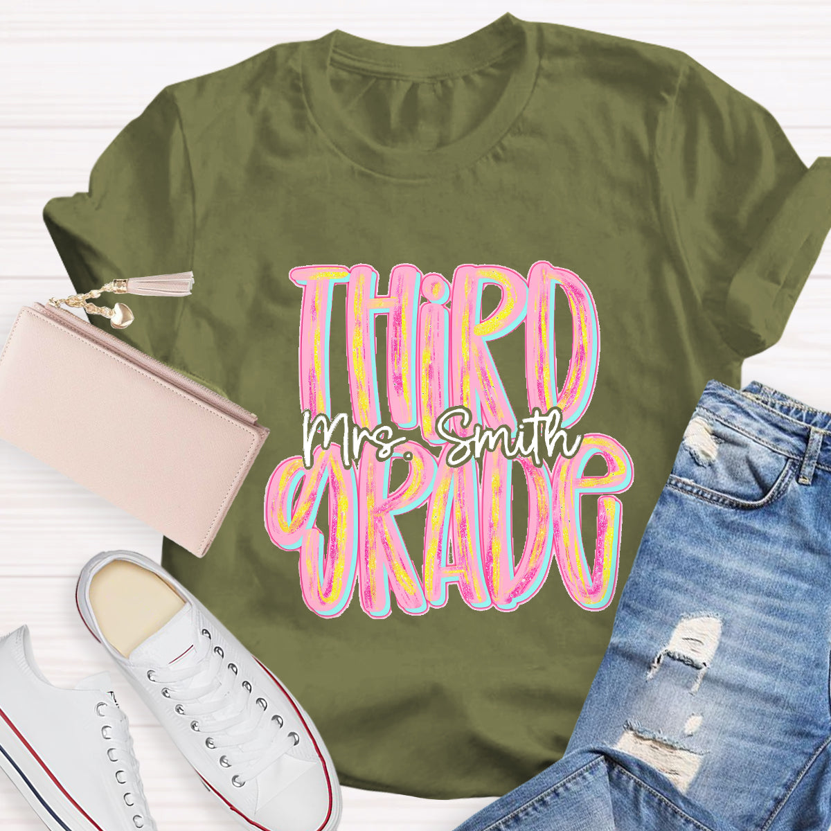 Personalized Grade And Name Pink Second Grade Teacher T-Shirt