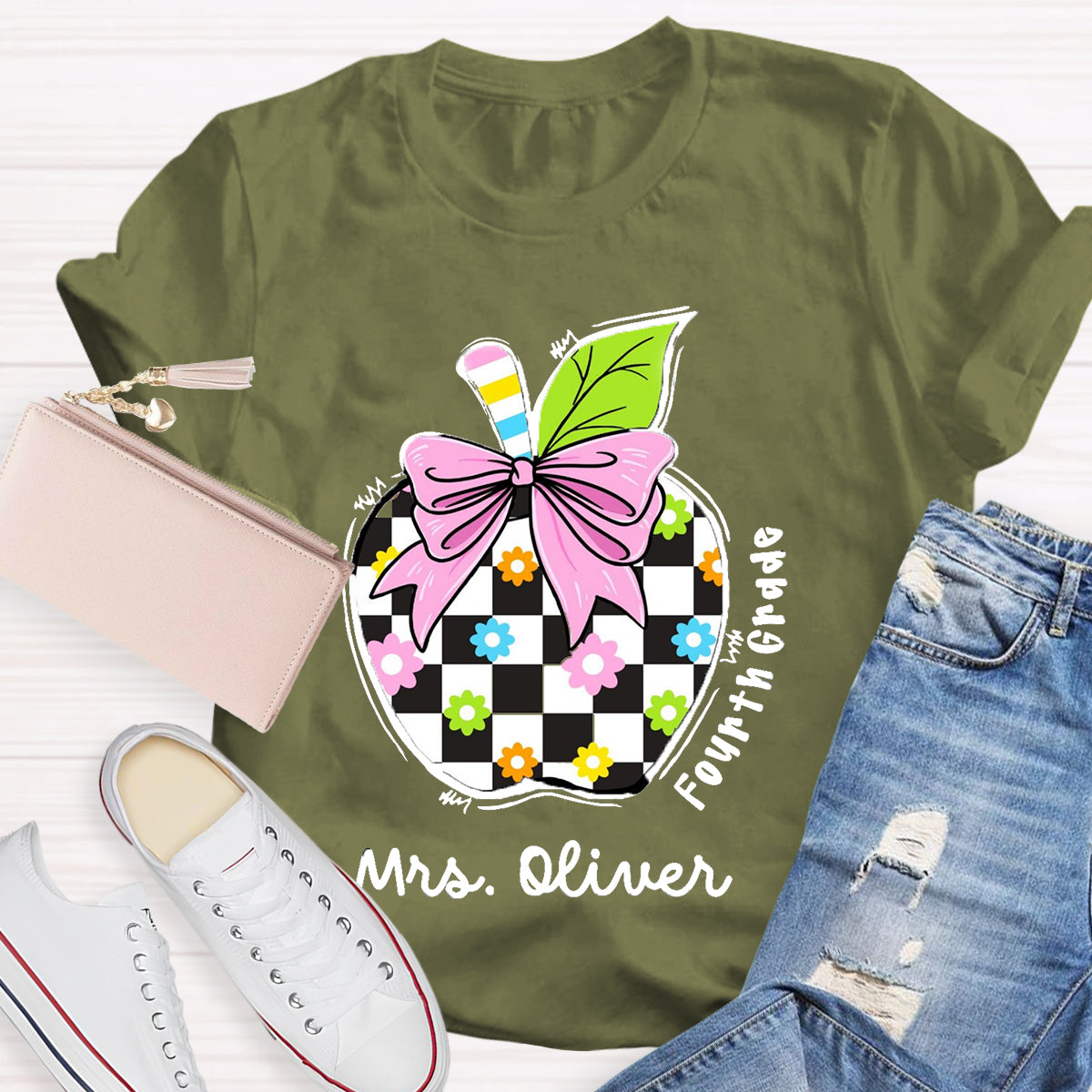 Personalized Grade And Name Colourful Check Print Apple T-Shirt