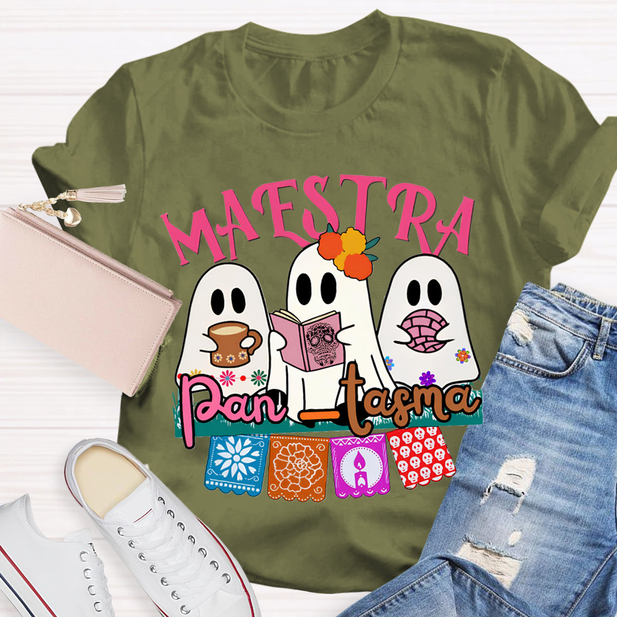 Maestra Three Cute Ghosts Funny Halloween Bilingual Teacher T-shirt