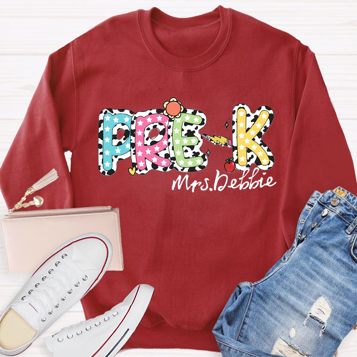 Personalized Name red Apple Pre-k Teachers Sweatshirt